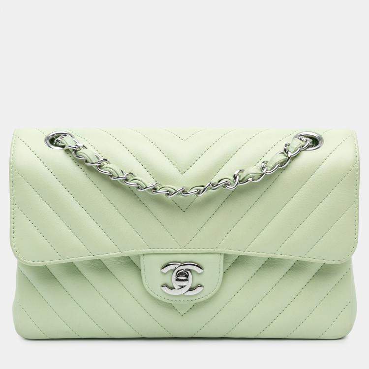 Pre Owned Chanel Green Small Classic Chevron Lambskin Double Flap