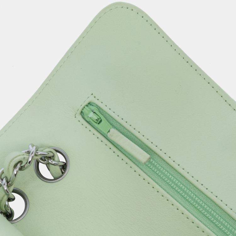 Pre Owned Chanel Green Small Classic Chevron Lambskin Double Flap