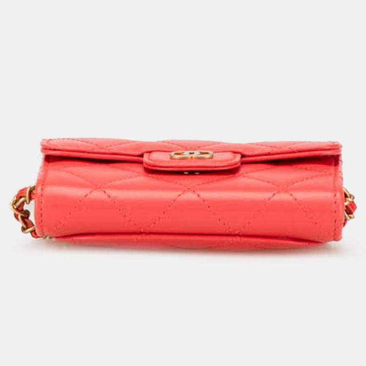 Pre Owned Chanel Red Quilted Lambskin Flap Card Holder on Chain