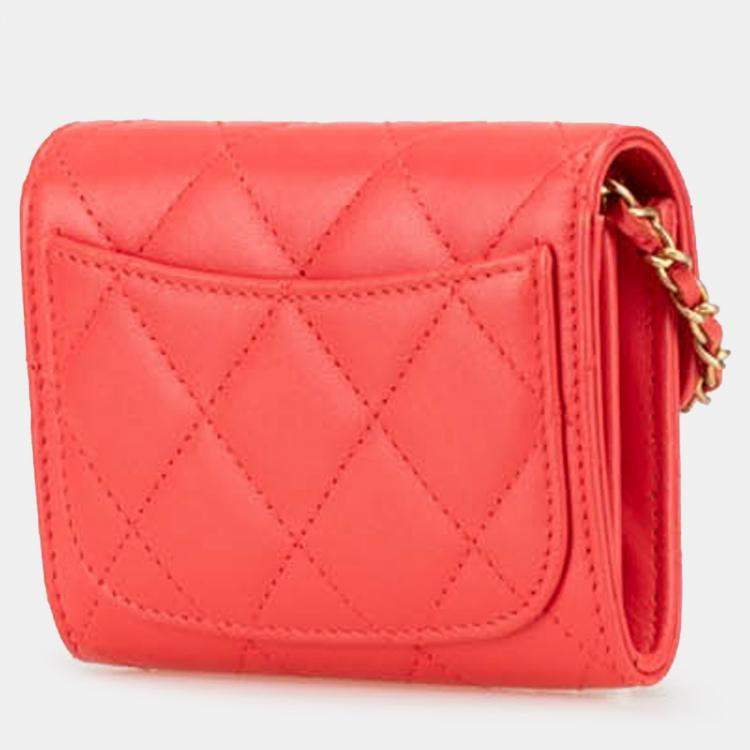 Pre Owned Chanel Red Quilted Lambskin Flap Card Holder on Chain