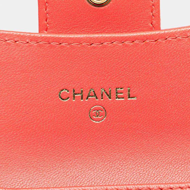 Pre Owned Chanel Red Quilted Lambskin Flap Card Holder on Chain