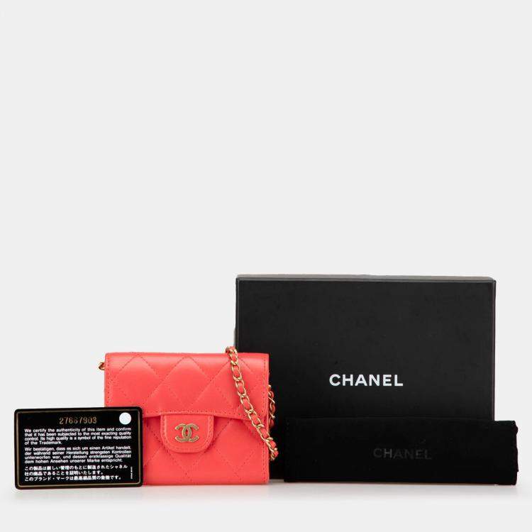 Pre Owned Chanel Red Quilted Lambskin Flap Card Holder on Chain