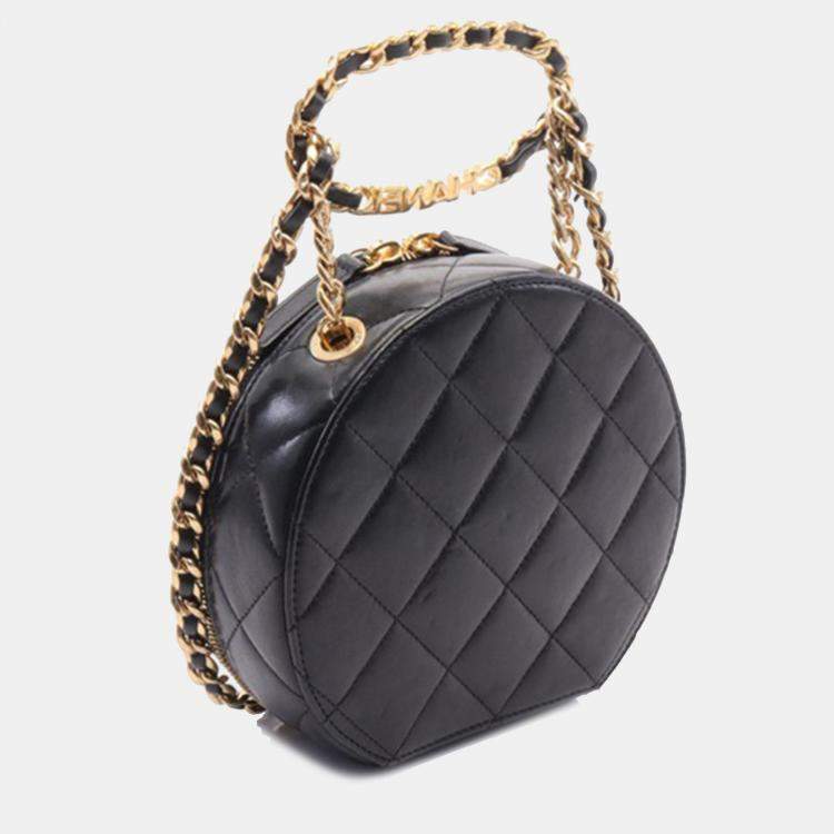 Pre Owned Chanel Black Quilted Lambskin Oval Logo Chain Top Handle Round Clutch on Chain
