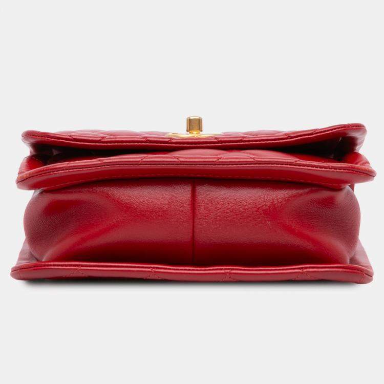 Pre Owned Chanel Red Mini Quilted Lambskin Soft Square Flap