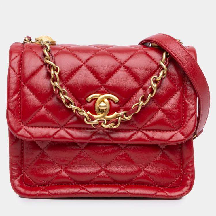 Pre Owned Chanel Red Mini Quilted Lambskin Soft Square Flap