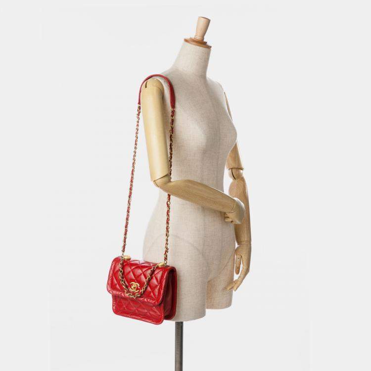 Pre Owned Chanel Red Mini Quilted Lambskin Soft Square Flap