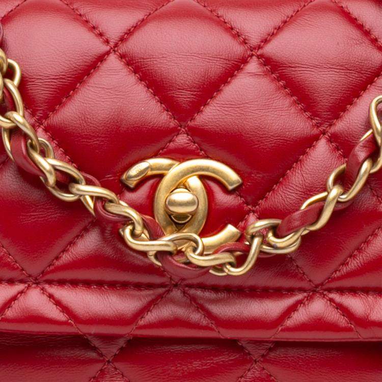 Pre Owned Chanel Red Mini Quilted Lambskin Soft Square Flap