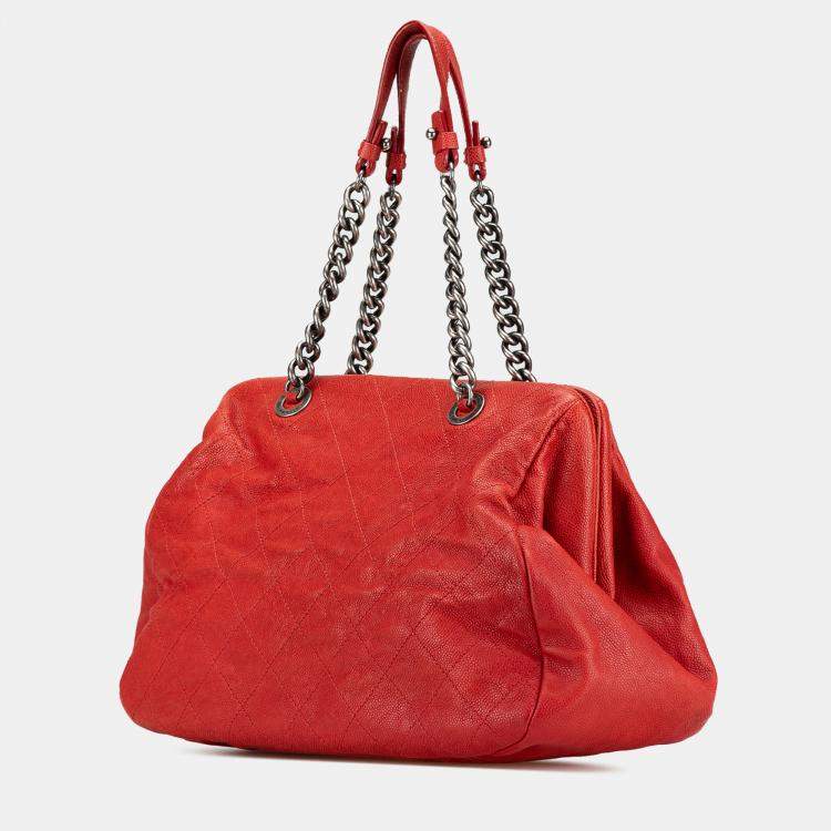 Pre Owned Chanel Red Medium Quilted Caviar Frame Tote