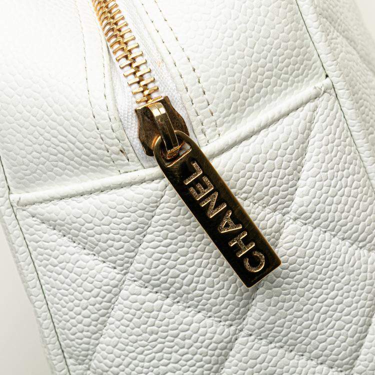 Pre Owned Chanel White CC Quilted Caviar Bowling Bag