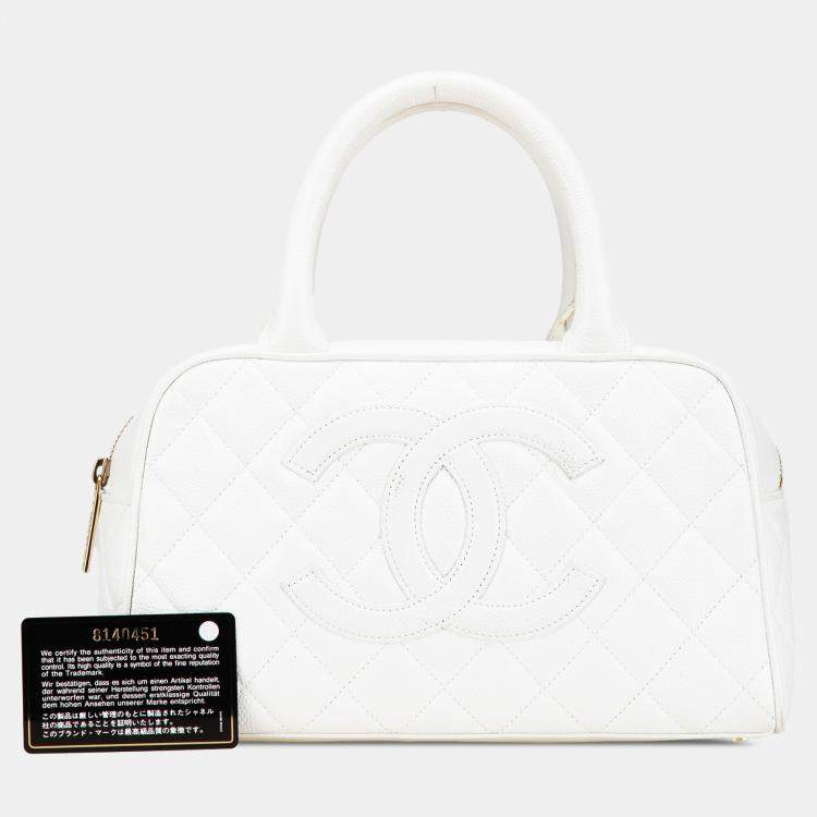 Pre Owned Chanel White CC Quilted Caviar Bowling Bag