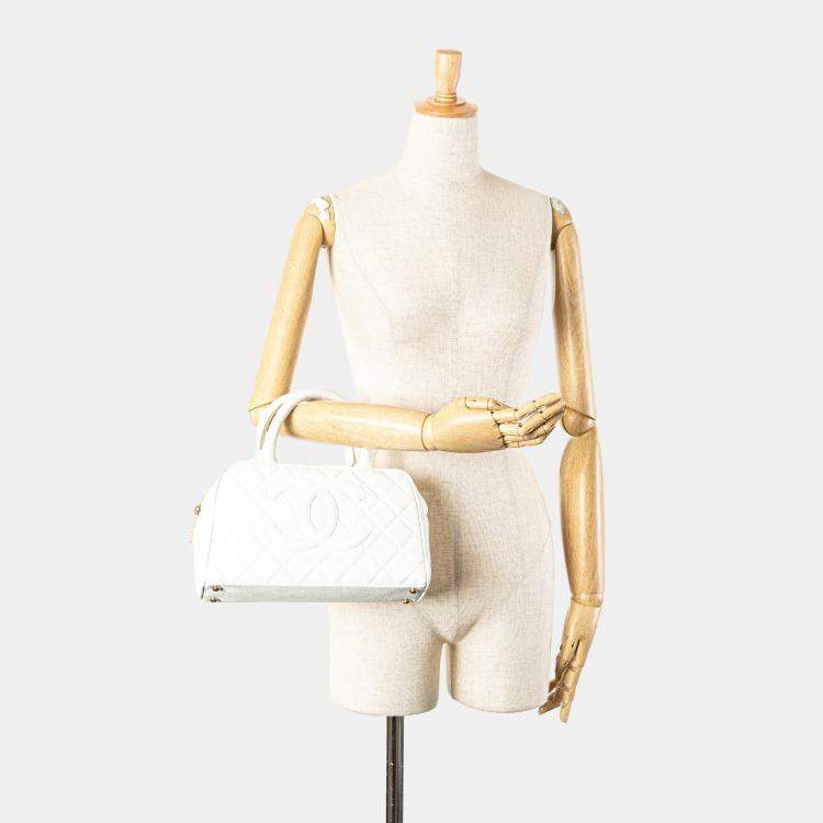 Pre Owned Chanel White CC Quilted Caviar Bowling Bag