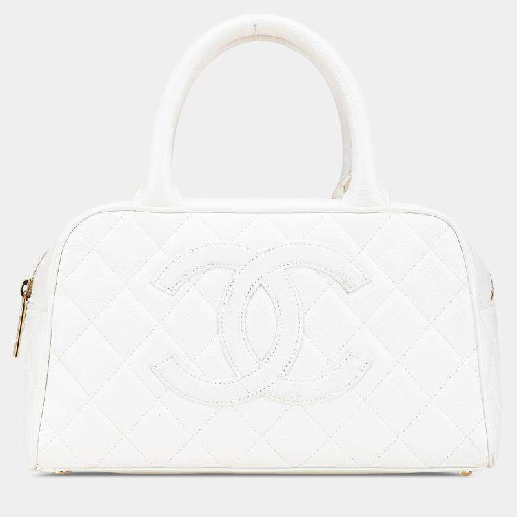 Pre Owned Chanel White CC Quilted Caviar Bowling Bag