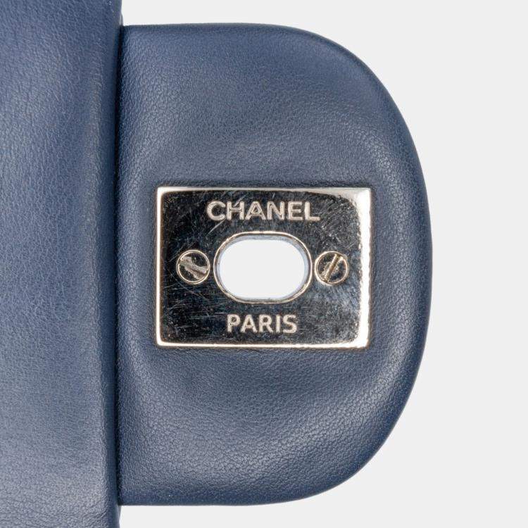 Pre Owned Chanel Blue Mini Square Classic Chevron Patent Single Flap