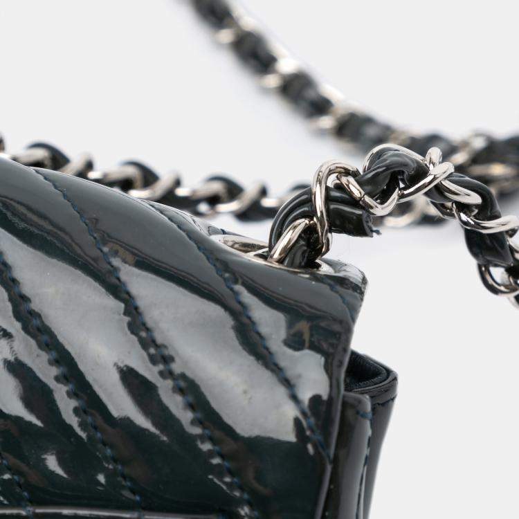 Pre Owned Chanel Blue Mini Square Classic Chevron Patent Single Flap