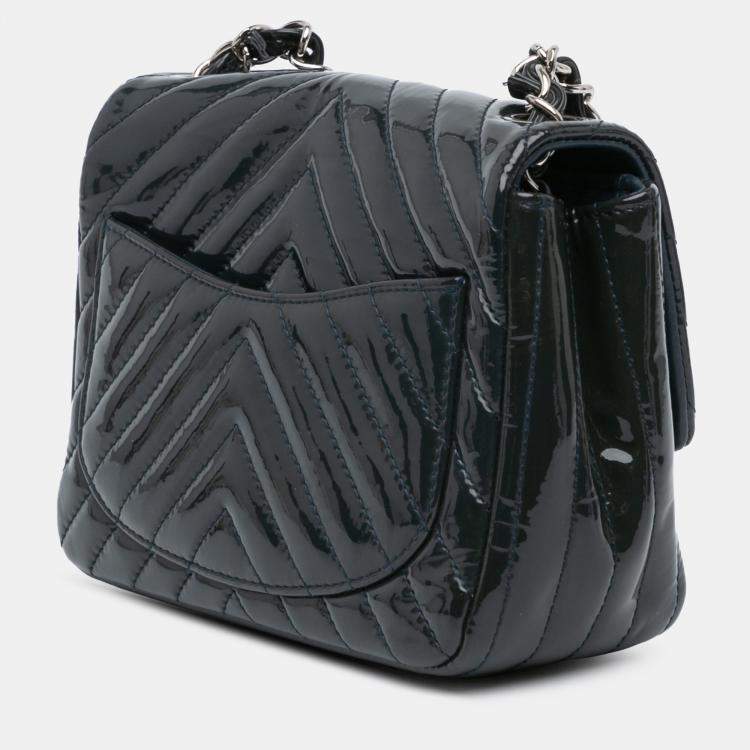 Pre Owned Chanel Blue Mini Square Classic Chevron Patent Single Flap
