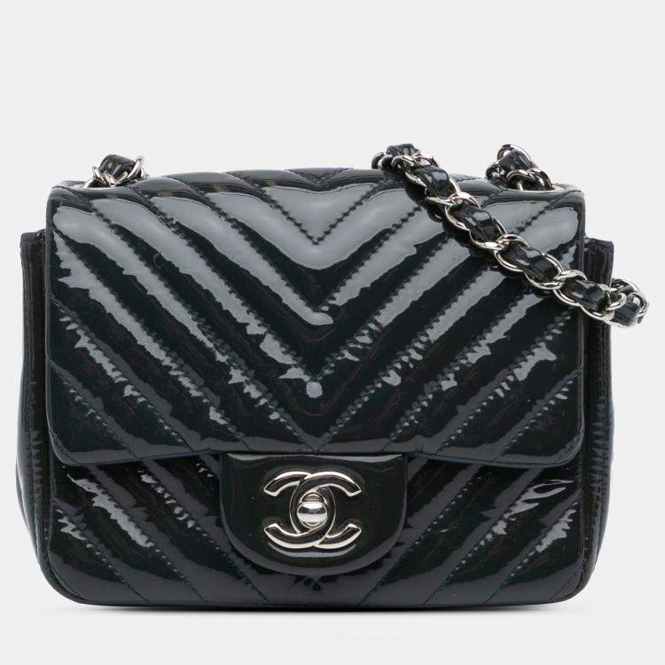 Pre Owned Chanel Blue Mini Square Classic Chevron Patent Single Flap