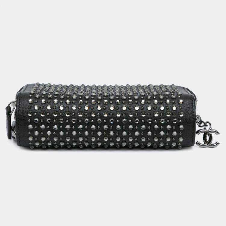 Pre Owned Chanel Black Bull Leather Studded Zip Wallet