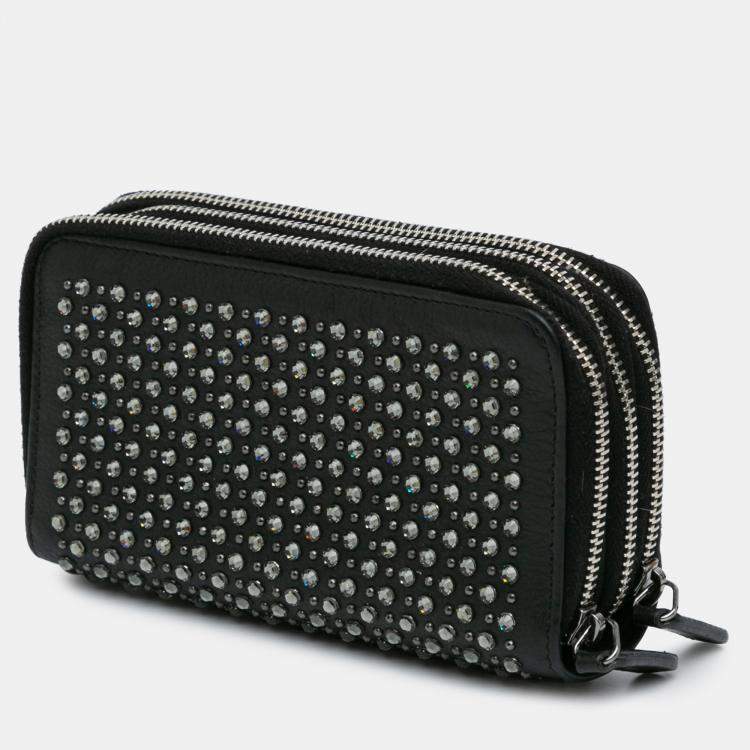Pre Owned Chanel Black Bull Leather Studded Zip Wallet
