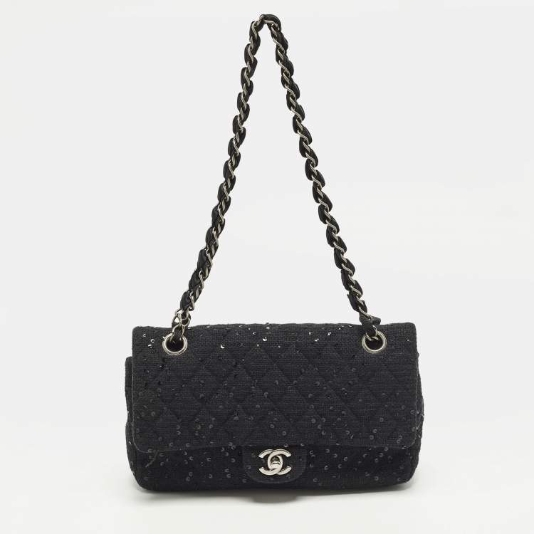Pre Owned Chanel Classic Double Flap Medium Black Quilted Canvas and Sequins Flap Bag