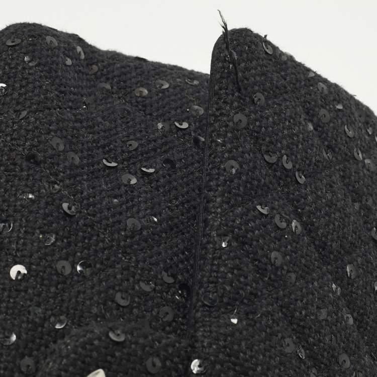 Pre Owned Chanel Classic Double Flap Medium Black Quilted Canvas and Sequins Flap Bag