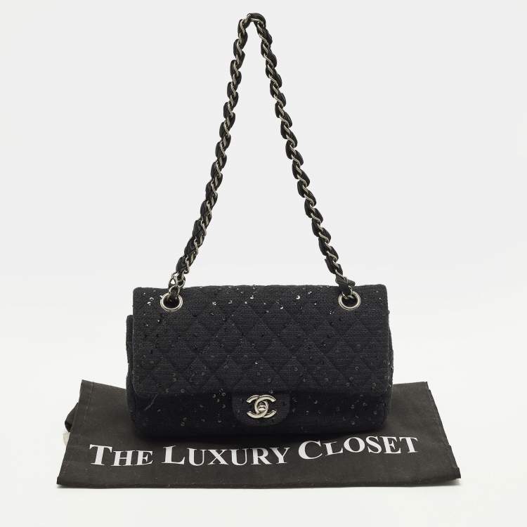 Pre Owned Chanel Classic Double Flap Medium Black Quilted Canvas and Sequins Flap Bag