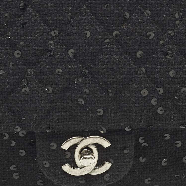 Pre Owned Chanel Classic Double Flap Medium Black Quilted Canvas and Sequins Flap Bag