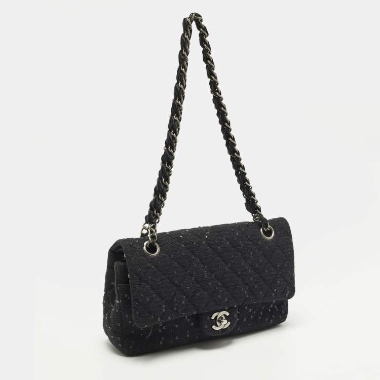 Pre Owned Chanel Classic Double Flap Medium Black Quilted Canvas and Sequins Flap Bag