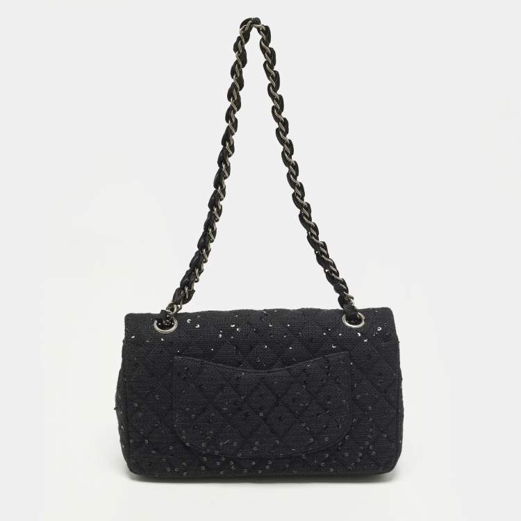 Pre Owned Chanel Classic Double Flap Medium Black Quilted Canvas and Sequins Flap Bag