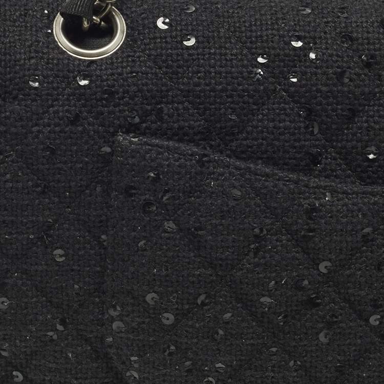 Pre Owned Chanel Classic Double Flap Medium Black Quilted Canvas and Sequins Flap Bag