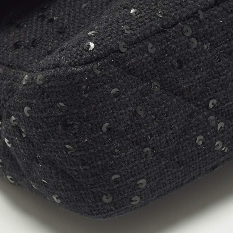 Pre Owned Chanel Classic Double Flap Medium Black Quilted Canvas and Sequins Flap Bag