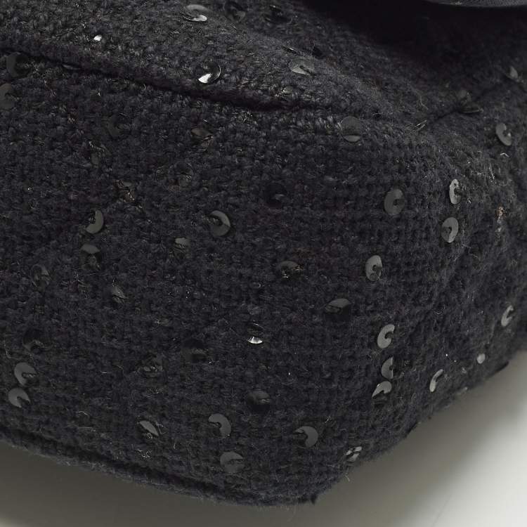 Pre Owned Chanel Classic Double Flap Medium Black Quilted Canvas and Sequins Flap Bag