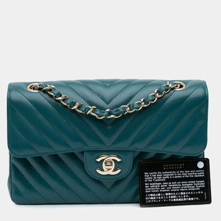 Pre Owned Chanel Blue Small Classic Chevron Caviar Double Flap