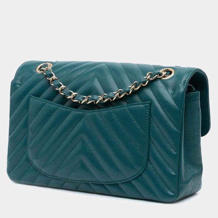 Pre Owned Chanel Blue Small Classic Chevron Caviar Double Flap