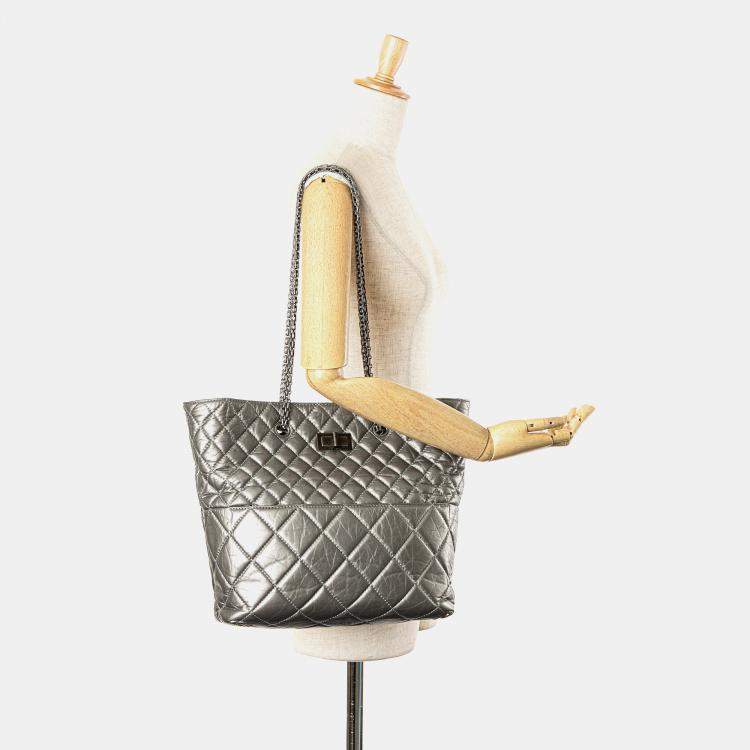 Pre Owned Chanel Silver Reissue 2.55 Quilted Aged Calfskin Tote