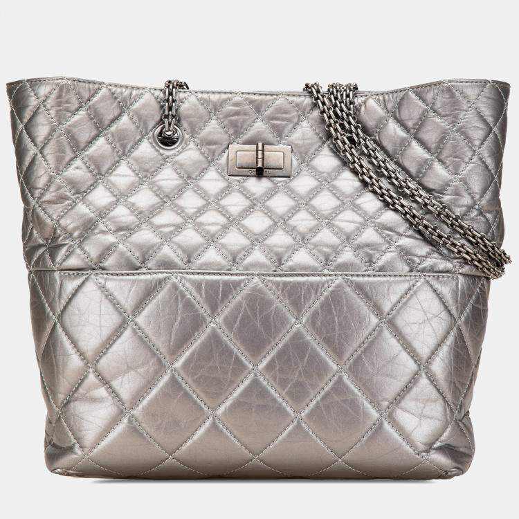 Pre Owned Chanel Silver Reissue 2.55 Quilted Aged Calfskin Tote