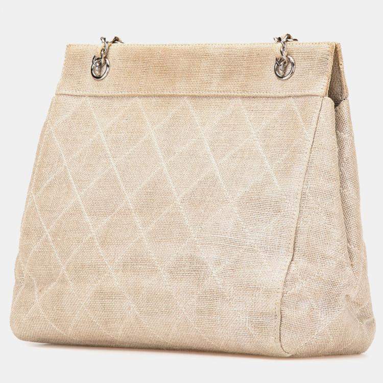 Pre Owned Chanel Brown CC Stitched Linen Chain Tote