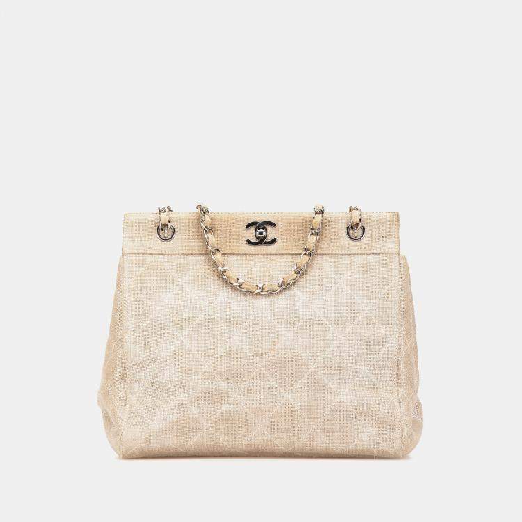 Pre Owned Chanel Brown CC Stitched Linen Chain Tote