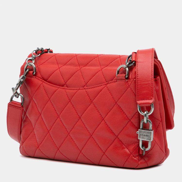Pre Owned Chanel Red Small Quilted Goatskin Double Carry Waist Chain Flap