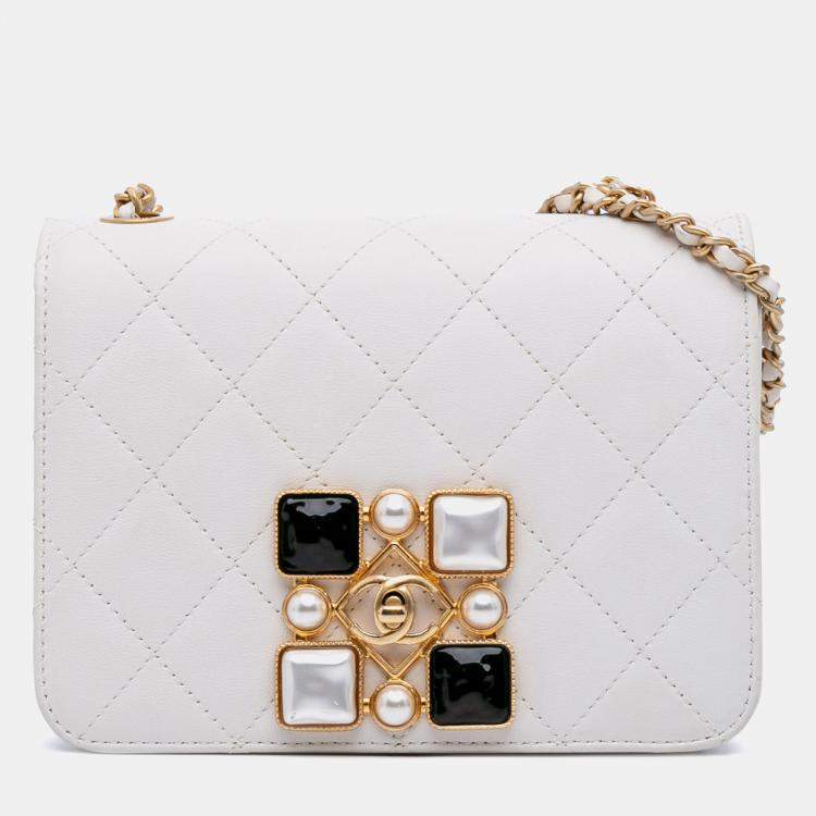 Pre Owned Chanel White Small CC Quilted Calfskin Crystal Pearl Full Flap