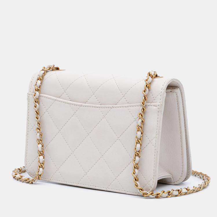 Pre Owned Chanel White Small CC Quilted Calfskin Crystal Pearl Full Flap