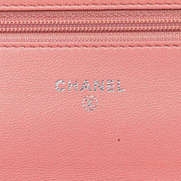 Pre Owned Chanel Pink CC Embossed Lambskin Camellia Wallet On Chain