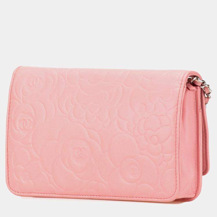 Pre Owned Chanel Pink CC Embossed Lambskin Camellia Wallet On Chain