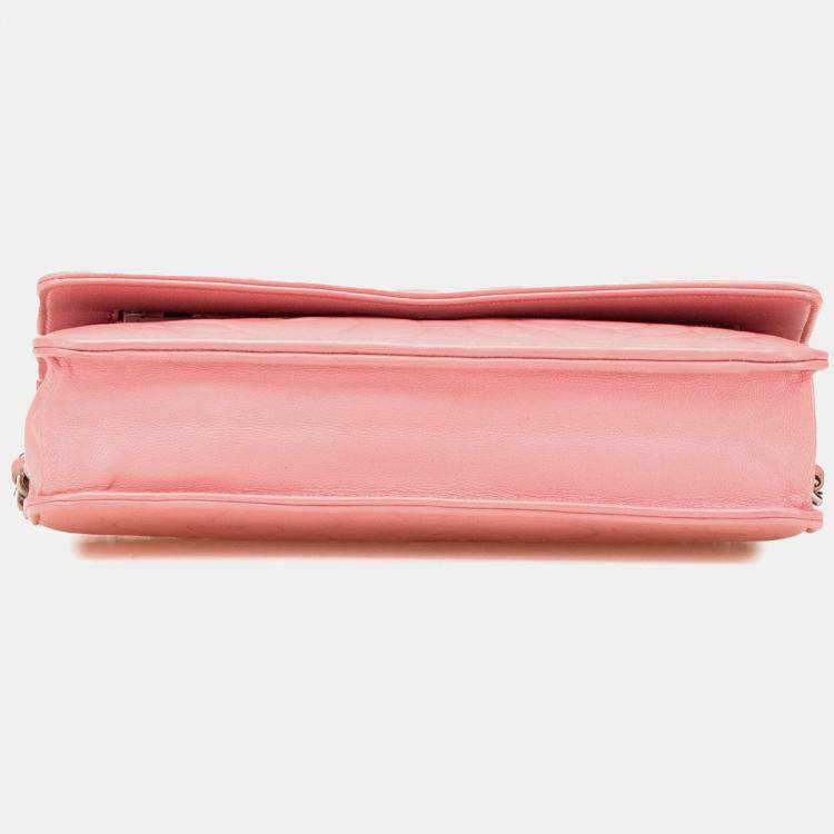 Pre Owned Chanel Pink CC Embossed Lambskin Camellia Wallet On Chain