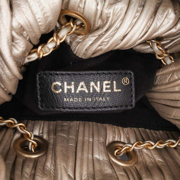 Pre Owned Chanel Gold Medium Metallic Calfskin Coco Pleats Drawstring Backpack