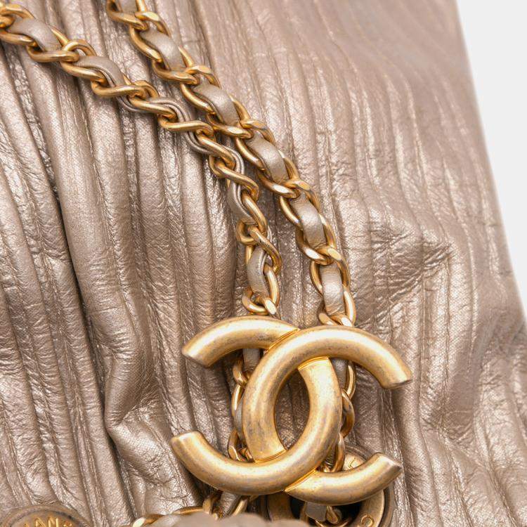 Pre Owned Chanel Gold Medium Metallic Calfskin Coco Pleats Drawstring Backpack