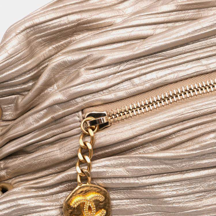 Pre Owned Chanel Gold Medium Metallic Calfskin Coco Pleats Drawstring Backpack