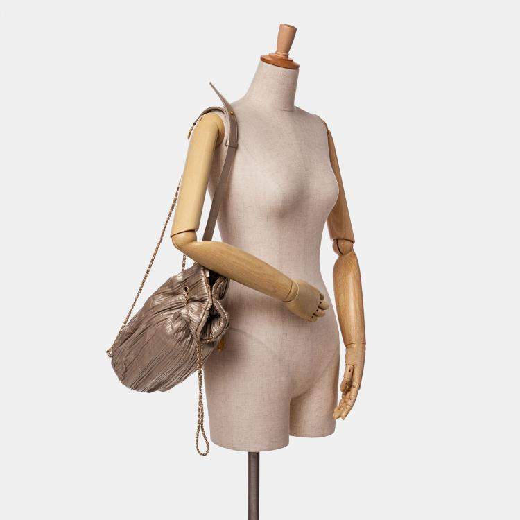 Pre Owned Chanel Gold Medium Metallic Calfskin Coco Pleats Drawstring Backpack