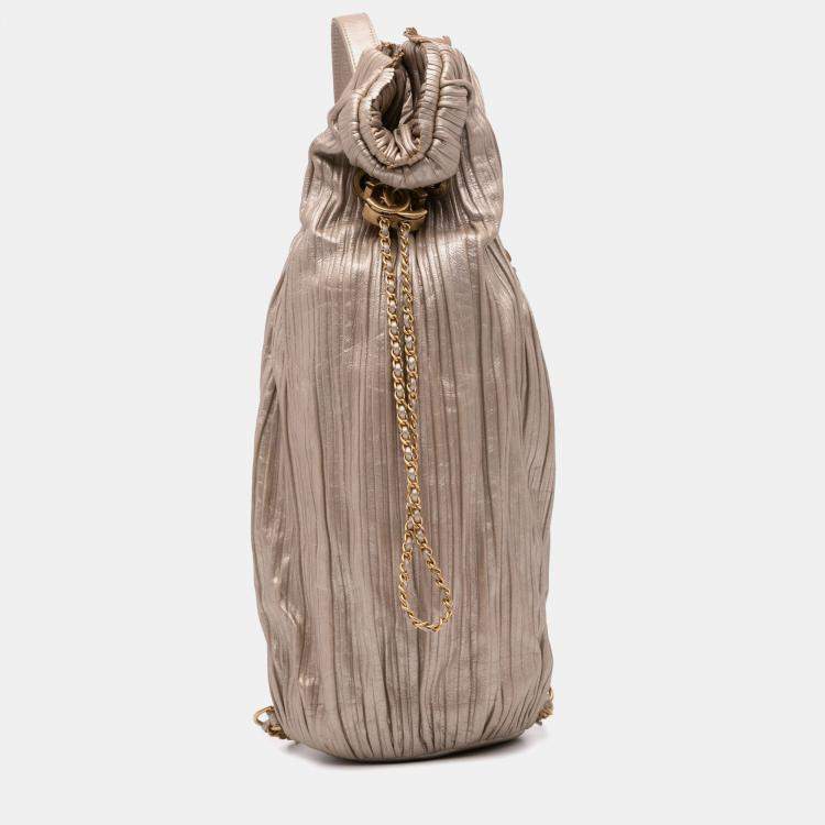 Pre Owned Chanel Gold Medium Metallic Calfskin Coco Pleats Drawstring Backpack