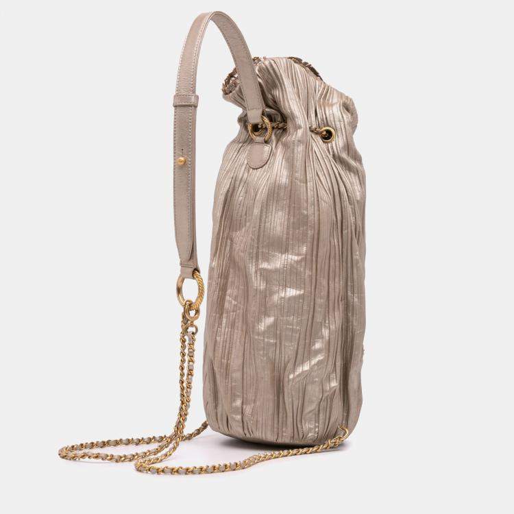 Pre Owned Chanel Gold Medium Metallic Calfskin Coco Pleats Drawstring Backpack