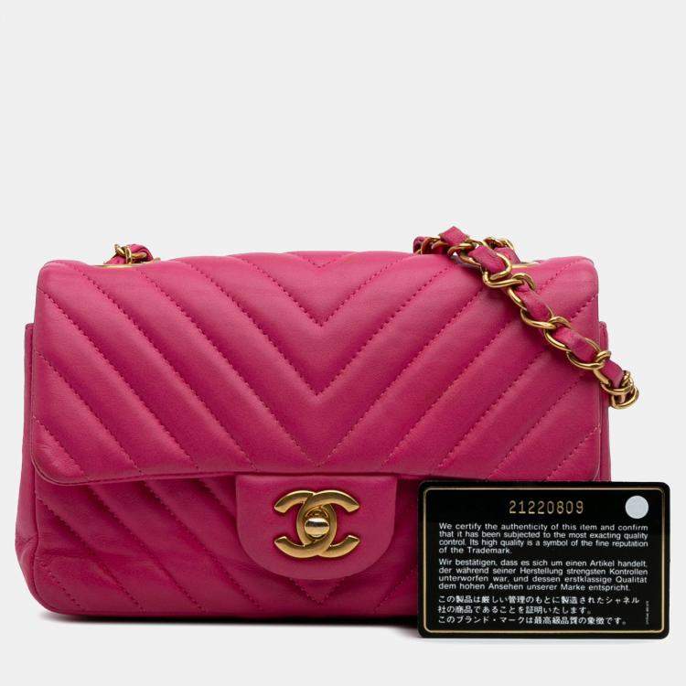 Pre Owned Chanel Pink Mini Rectangular Classic Chevron Lambskin Single Flap